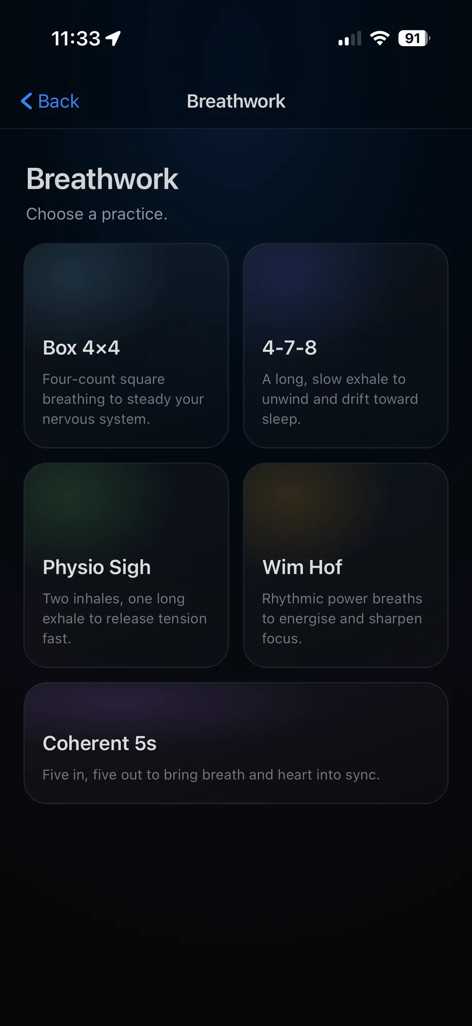 Five breathwork practices: Box 4x4, 4-7-8, Physio Sigh, Wim Hof and Coherent 5s, each with a one-line description.