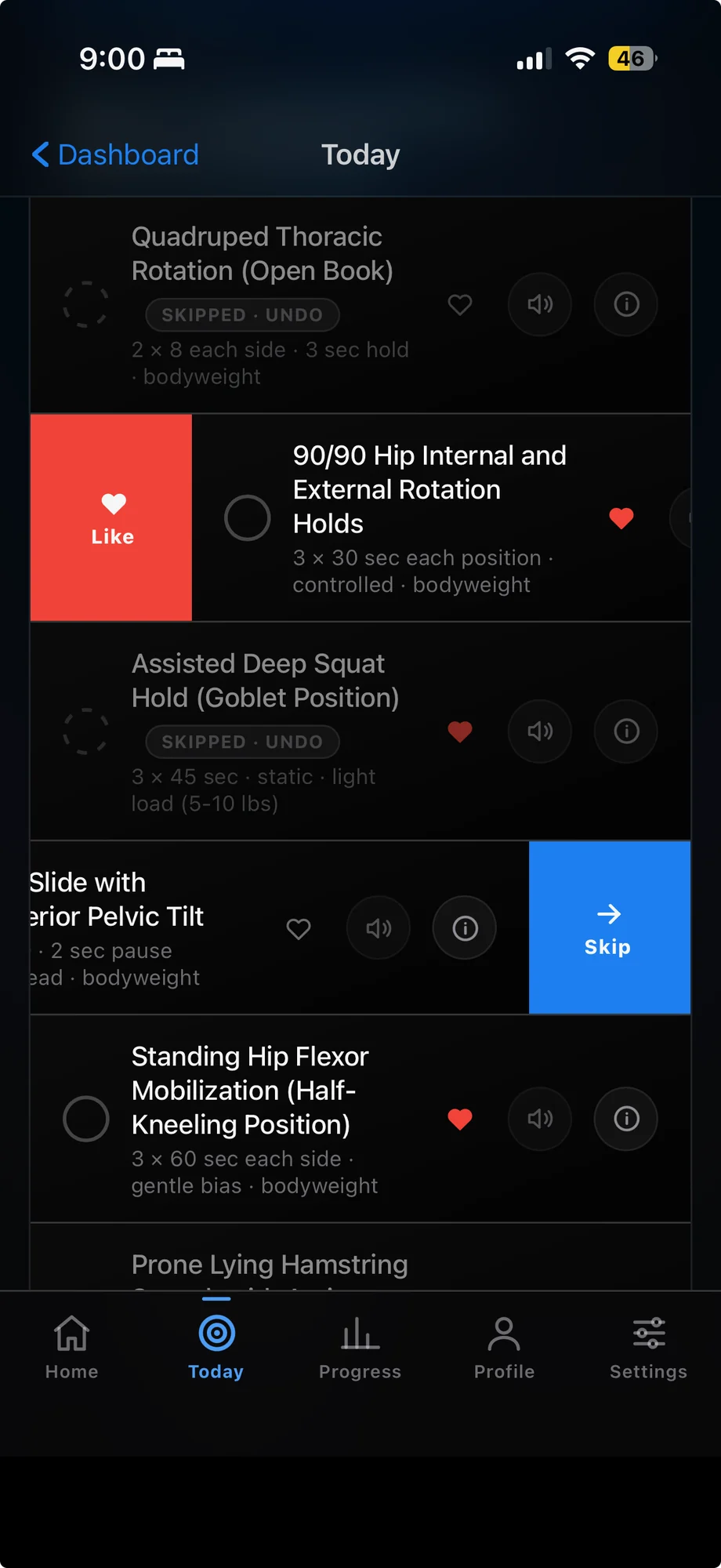 The Today screen with one exercise swiped right to reveal a red Like panel and another swiped left to reveal a blue Skip panel.