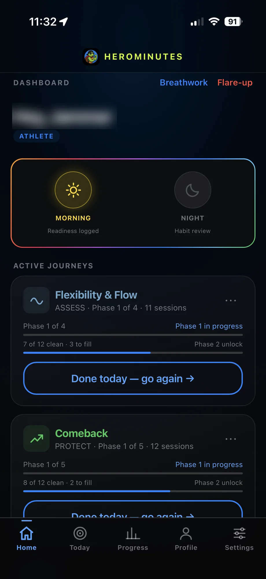 The Home screen showing the morning and night check-in tile above two active journeys, each with its phase progress.