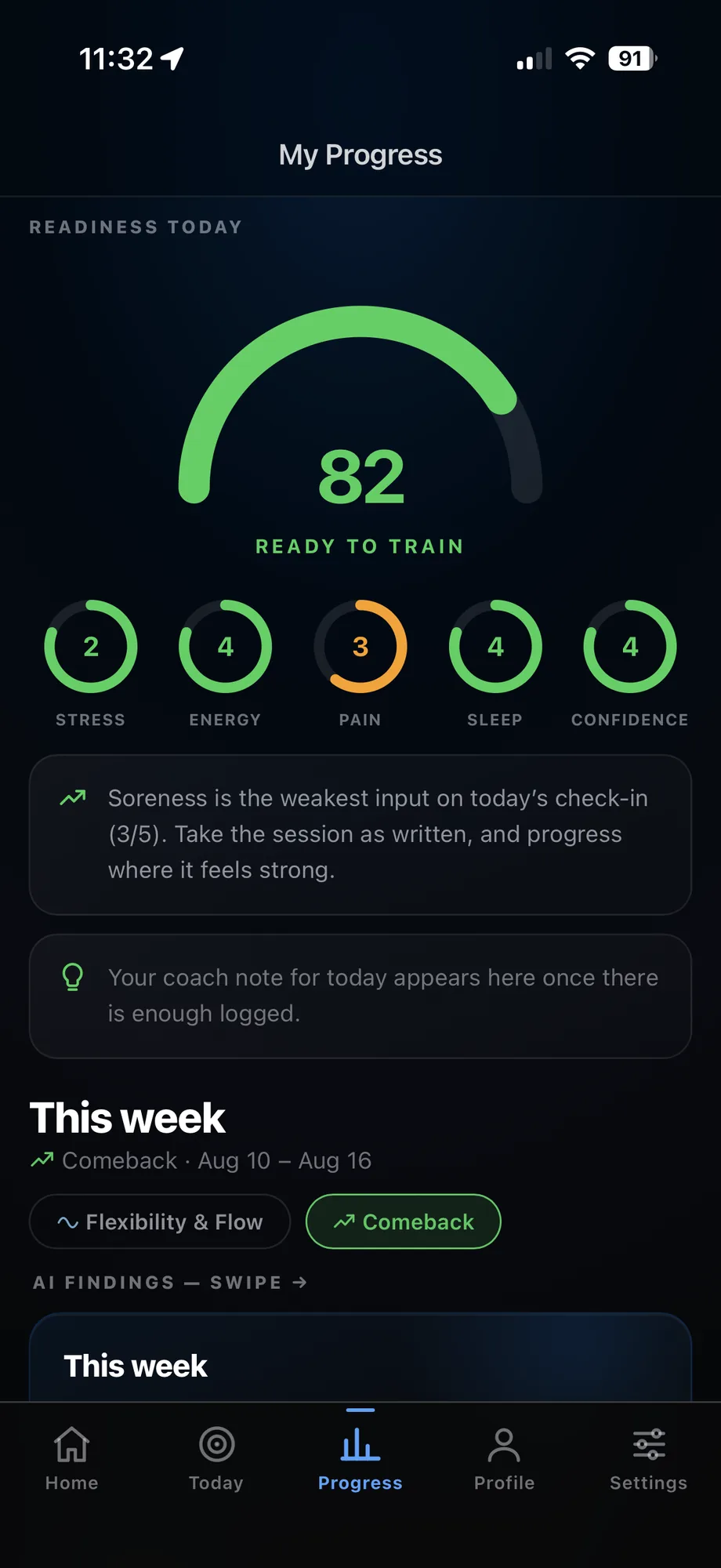 A readiness score of 82 reading Ready To Train, above five input rings and an insight explaining which input is weakest.
